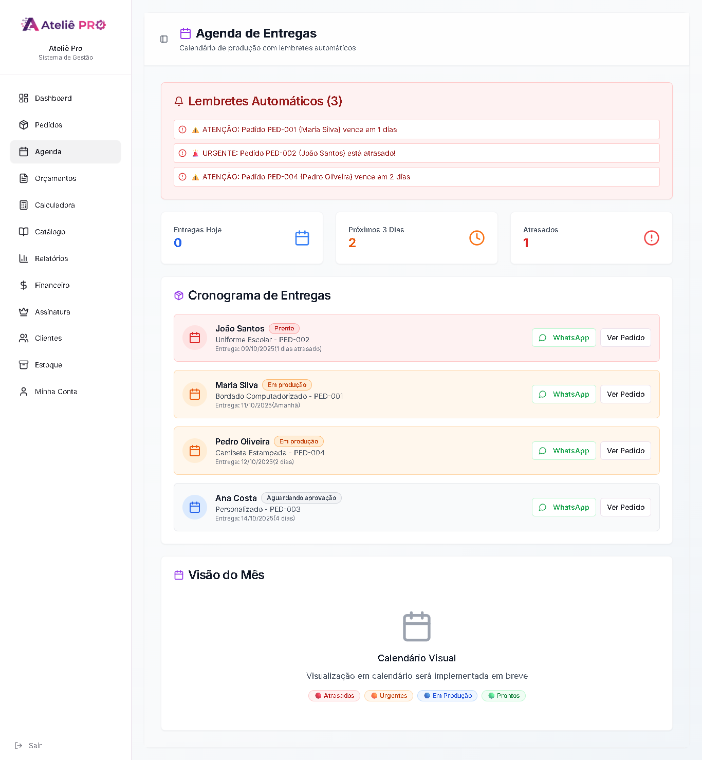 Agenda de Entregas do Ateliê Pro