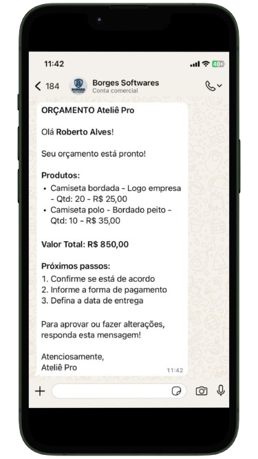 Exemplo de mensagem de orçamento no WhatsApp